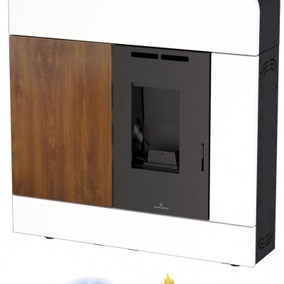 Aparelho de aquecimento branco com painel de madeira e porta preta com vidro