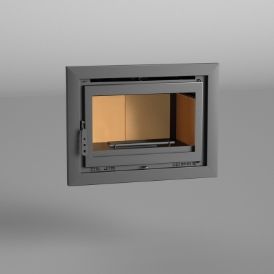 Lareira embutida cinza com porta de vidro e interior bege