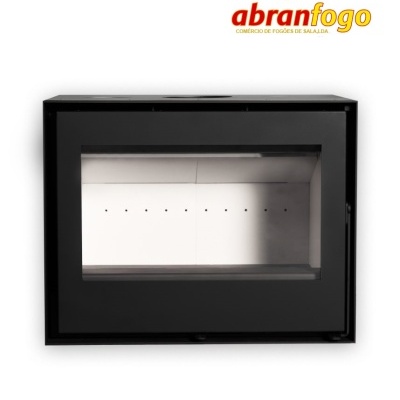 Lareira embutida preta com porta de vidro e interior branco