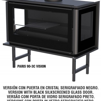 Lareira a lenha preta com porta em vidro serigrafado e suporte metálico