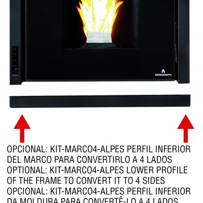 Lareira preta com vidro e fogo visível, texto explicativo do kit opcional para conversão do quadro.