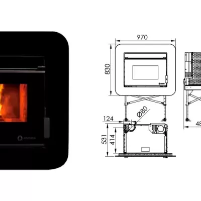 Lareira embutida preta com fogo e desenhos técnicos com medidas