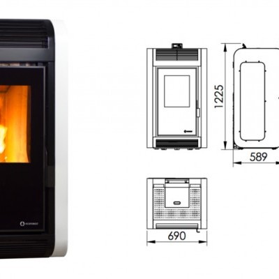 Lareira pellet branca e preta com porta de vidro frontal a mostrar fogo