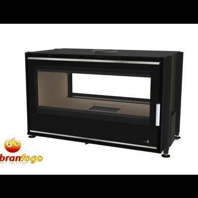 Lareira moderna de bioetanol preta com vidro frontal e laterais