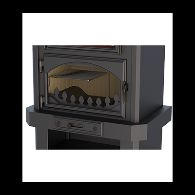 Fogão a lenha cinza escuro com porta de vidro e grelha interior