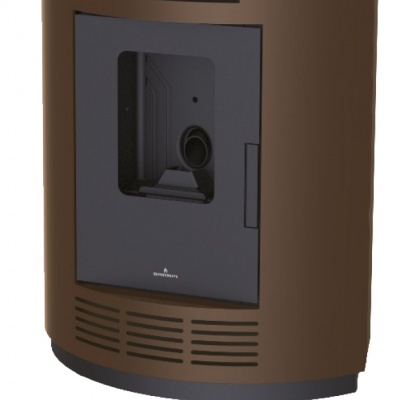 Lareira Bronpi castanha com porta preta e logotipos Bio e BRONPI