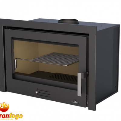 Lareira preta com porta de vidro e grelha interior