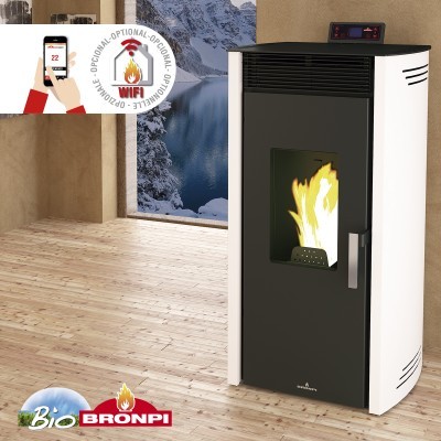 Estufa de pellets branca e preta com chama visível, e sinal WiFi opcional