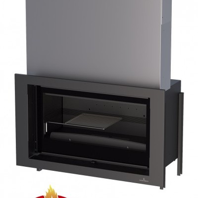 Inserto de lareira Bronpi em metal preto com porta de vidro e grelha interior