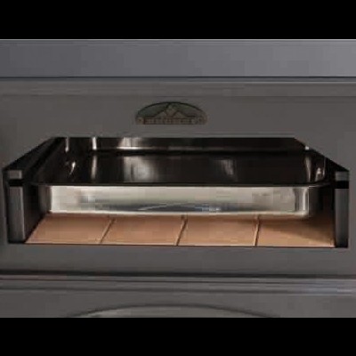 Forno de tijoleira em ferro fundido cinzento com bandeja prateada e tampa de vidro com 'ALFA'