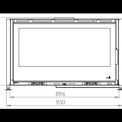 Desenho técnico de lareira retangular com porta de vidro e medidas