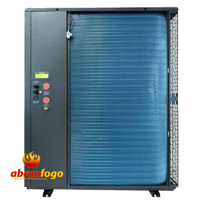 Unidade exterior de ar condicionado preta com grelha azul e logótipo abranfogo