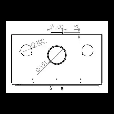 Desenho técnico retangular com três furos circulares e dimensões marcadas