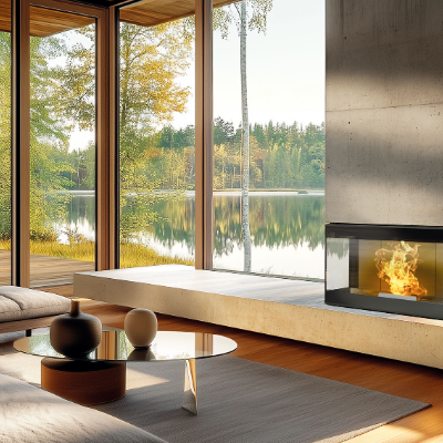 Sala de estar moderna com lareira em pedra e grande janela com vista para lago e árvores