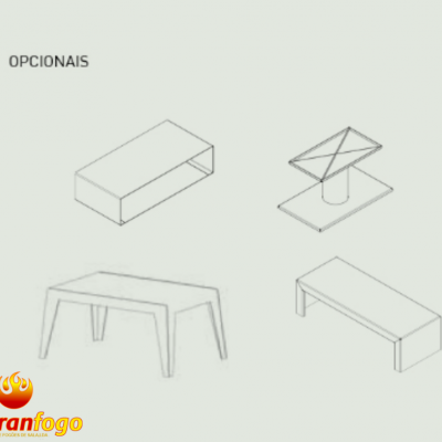 Ilustrações técnicas minimalistas de móveis e acessórios com texto OPCIONAIS