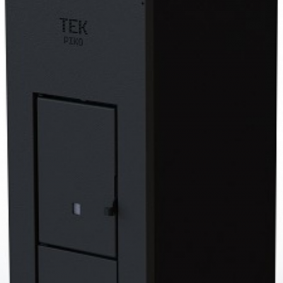 Caldeira preta metálica TEK PIKO com porta frontal e fundo branco