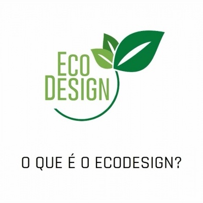 Logotipo Eco DESIGN com duas folhas verdes e o texto 'O QUE É O ECODESIGN?'