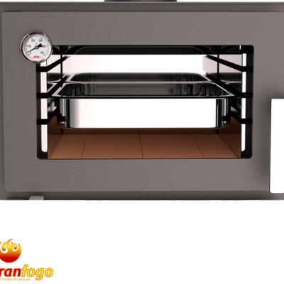 Forno a lenha cinzento com janela de vidro, termómetro redondo, puxador branco e tabuleiro de inox no interior