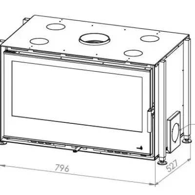 Desenho técnico de lareira embutida com dimensões e detalhes em preto e branco