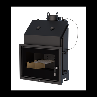 Recipiente metálico preto com porta de vidro e alavanca de controlo