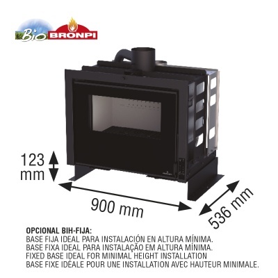 Lareira ou recuperador de calor preto com vidro e medidas indicadas