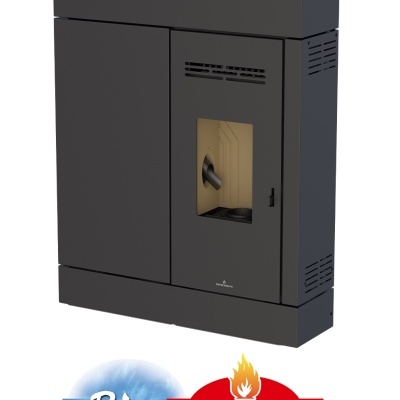 Lareira a pellets preta com janela de vidro e logótipos Bio e BRONPI