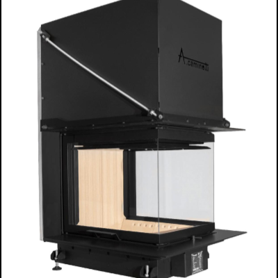 Lareira de canto metálica preta com vidro frontal e lateral