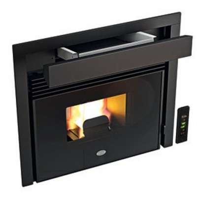 Lareira embutida preta com chama visível e controlo remoto digital branco
