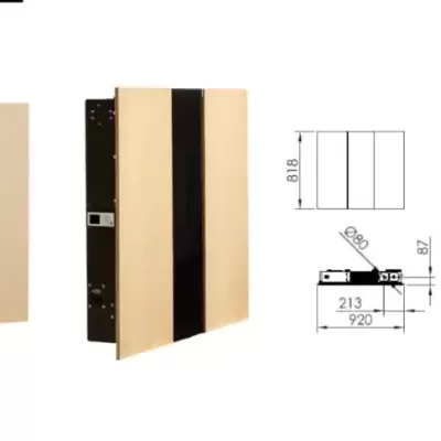 Lareira embutida com painel bege e faixa preta, desenhos técnicos com medidas.