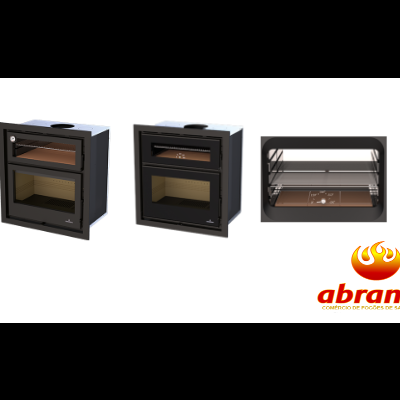 Forno de tijolo com porta de vidro preto e interior bege, visões frontal e interior
