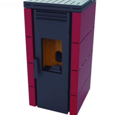 Fogão de aquecimento com porta de vidro e laterais vermelhas, logótipo abran fogo