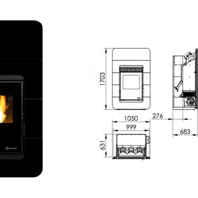 salamandra preta com porta de vidro e chama, esquemas técnicos com dimensões