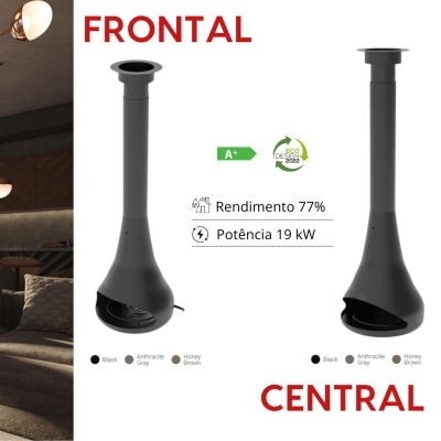 Dois modelos de lareiras suspensas, frontal e central, em preto, cinza antracite e castanho mel com informações técnicas.