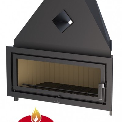 Lareira embutida preta com porta de vidro e logo BRONPI