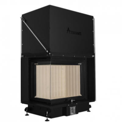 Lareira de canto preta com interior cerâmico bege e portas de vidro transparentes.