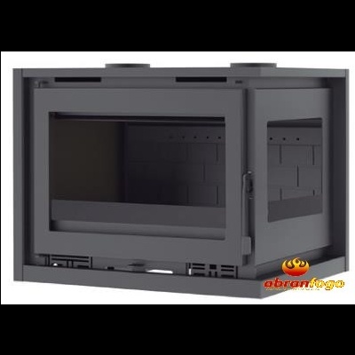 Lareira modular em aço preto com painéis de vidro e interior de tijolos cinza