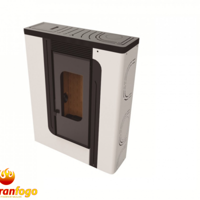 Salamandra branca com porta de vidro preta e logótipo abranfogo