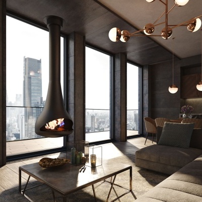 Sala moderna com lareira suspensa e vista para a cidade