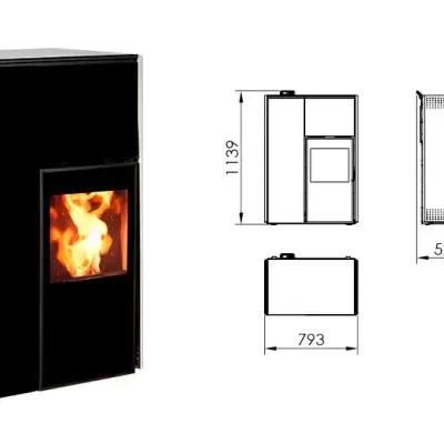 Estufa a pellets preta e branca com fogo visível na janela e esquemas técnicos ao lado