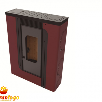Lareira a lenha vermelha e preta com porta de vidro e logótipo 'abranfogo'