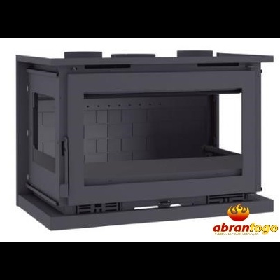 Lareira fechada de ferro fundido preta com vidro e padrão de tijolos internos