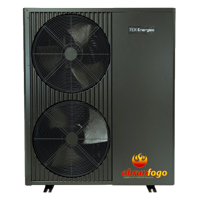 Bomba de calor cinza com duas ventoinhas e logótipo abranafogo