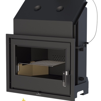 Lareira de embutir Bronpi preta com porta de vidro e grelha, logótipo Bronpi embaixo.