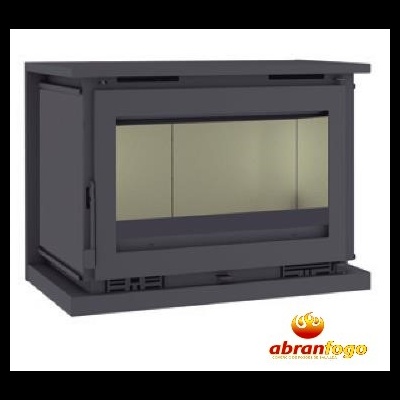 Inserto de lareira em metal preto com porta de vidro transparente e logótipo abranfogo