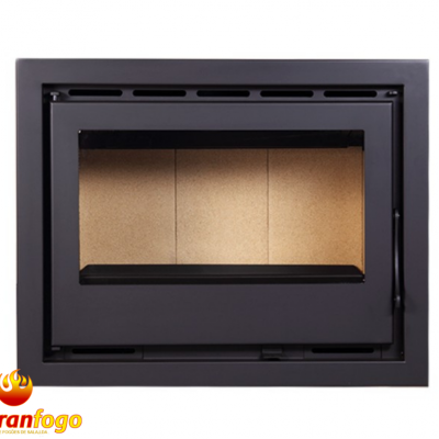 Lareira a lenha preta embutida com vidro frontal e interior bege