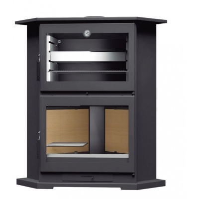 Lareira de canto preta em metal com vidro e grelha superior