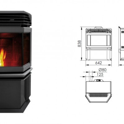 Lareira metálica preta com vidro frontal e desenhos técnicos