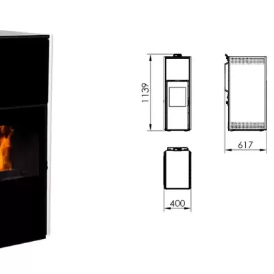 Lareira/salamandra branca e preta com porta de vidro e fogo visível, ao lado desenhos técnicos com dimensões.