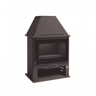 Lareira metálica preta com porta de vidro e chaminé integrada