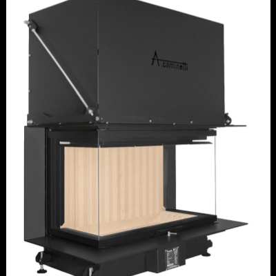 Lareira metálica preta de canto com vidro transparente e interior bege.